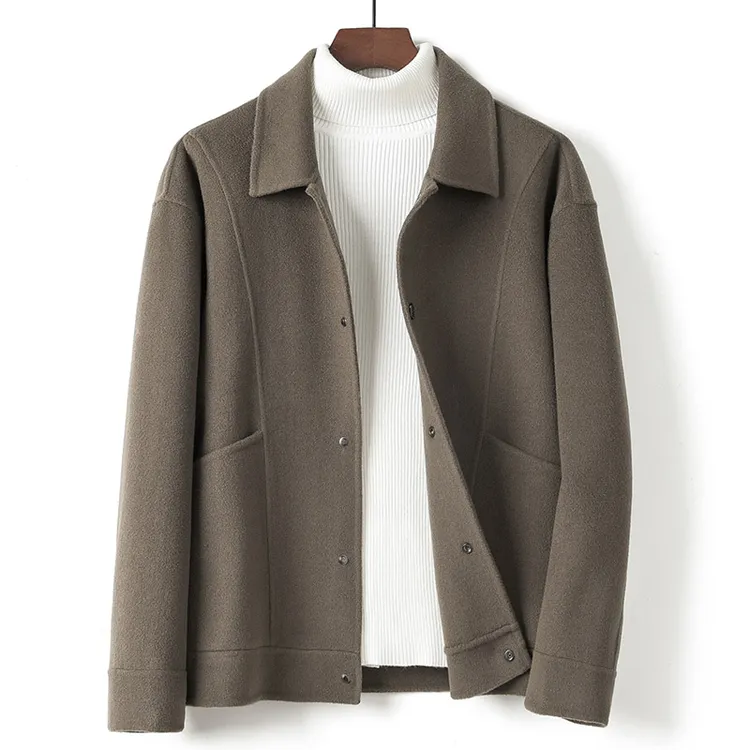 秋冬100%羊毛男士双面大衣短款毛呢夹克翻领100%羊毛呢子外套男