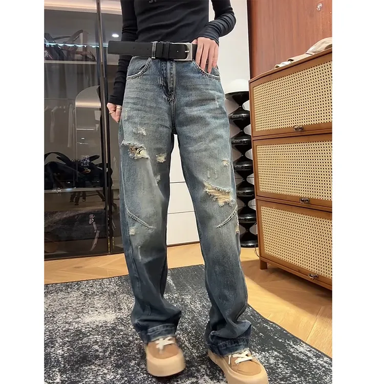 秋季新款爆款破洞弯刀裤胖MM梨型身材高腰显瘦宽松阔腿牛仔拖地裤