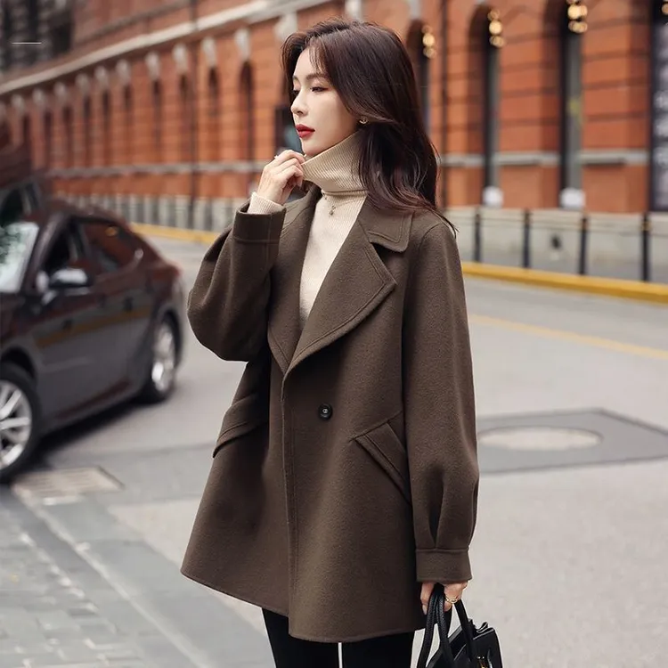 咖啡色双面羊毛大衣女2024新款短款花苞袖气质爆款羊毛呢外套秋冬