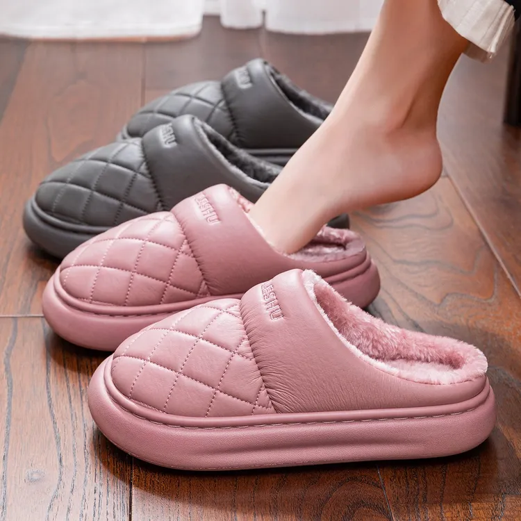 冬天棉拖鞋女款防水外穿厚底室内家居防滑pu材质皮面棉拖男士冬季