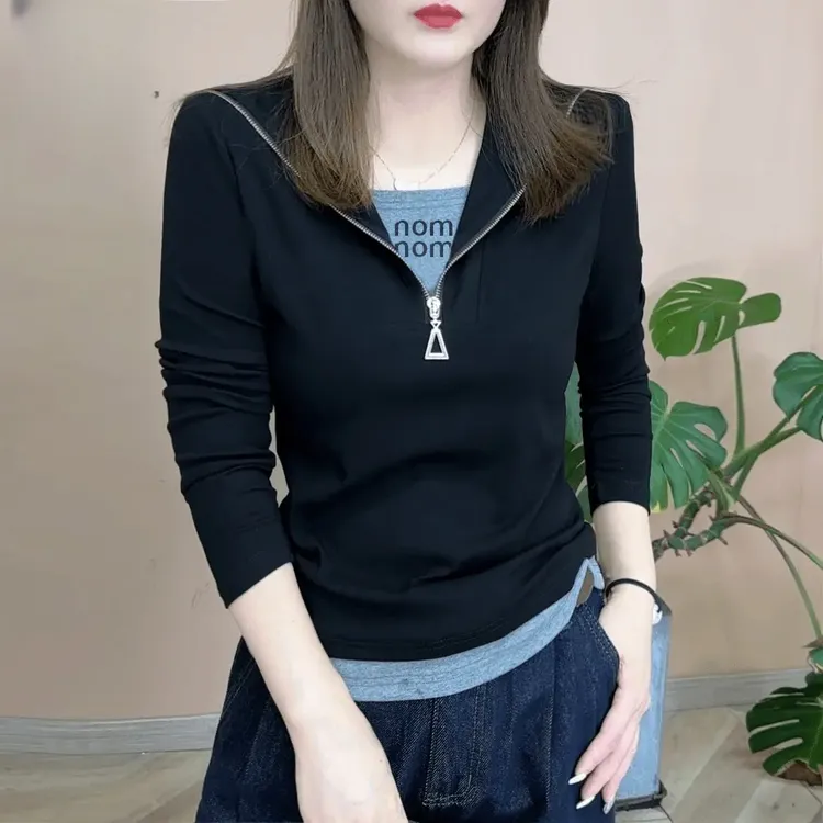 2024秋季新品时尚百搭气质修身显瘦洋气半拉链打底女士上衣
