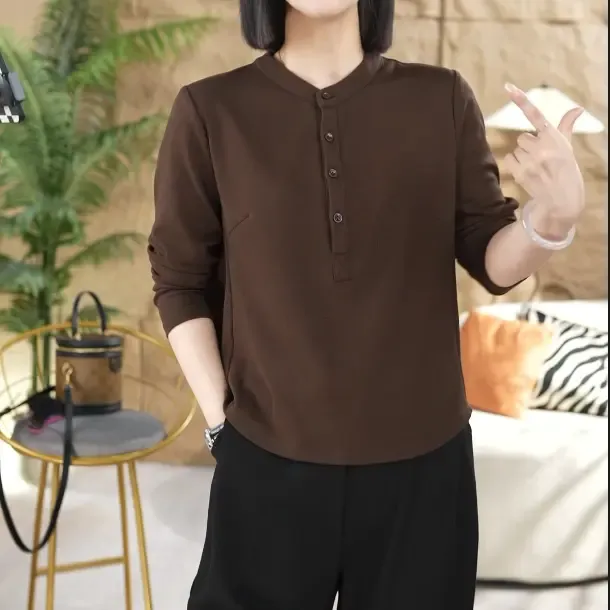 秋季简约新款气质百搭设计感衬衫领长袖休闲显瘦韩版女士T恤8821