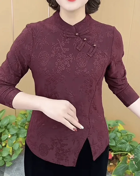 2024秋季新款时尚圆领提花复古盘扣设计感气质显瘦长袖上衣K193