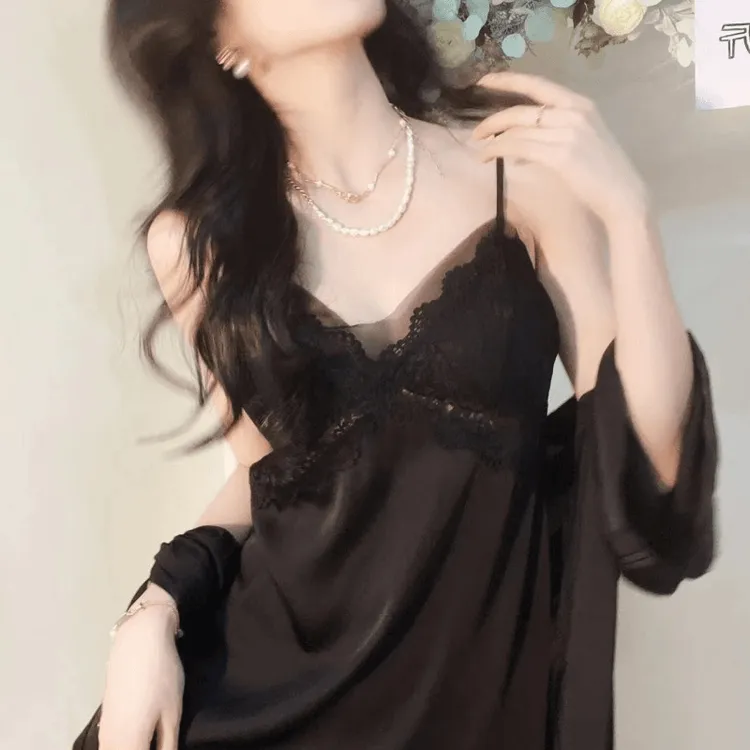 后背网纱睡衣女士睡裙睡袍性感蕾丝新款家居服吊带薄款春夏季美背