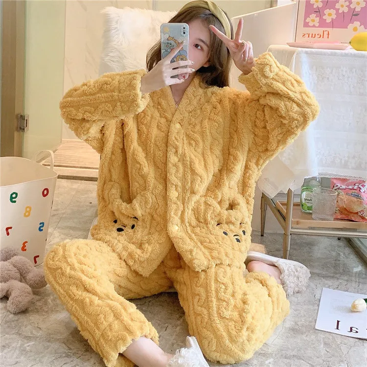 提花口袋小熊睡衣女2023秋冬新款珊瑚绒加厚保暖法兰绒家居服套装