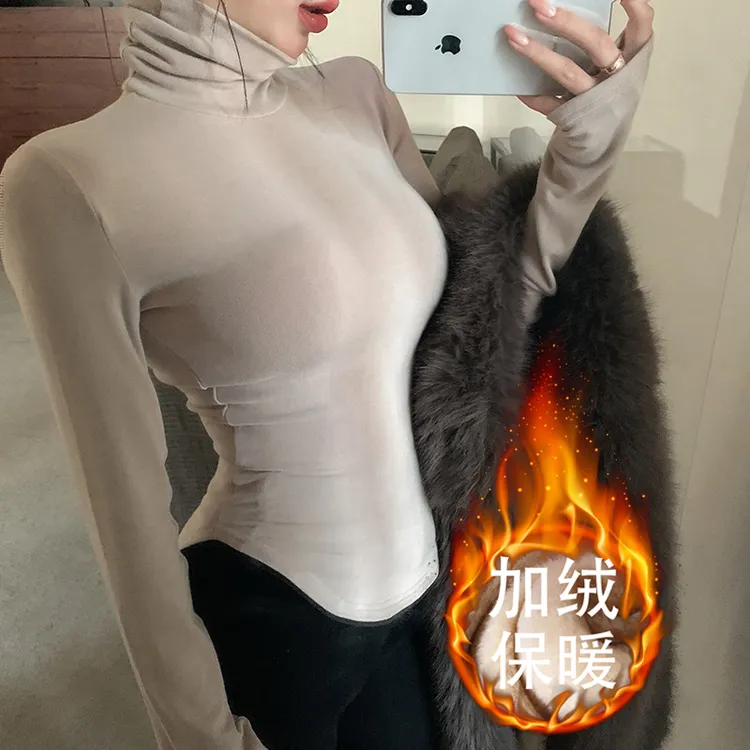 磨毛加绒高领打底衫女秋冬显胸大长袖T恤洋气厚款保暖不规则上衣