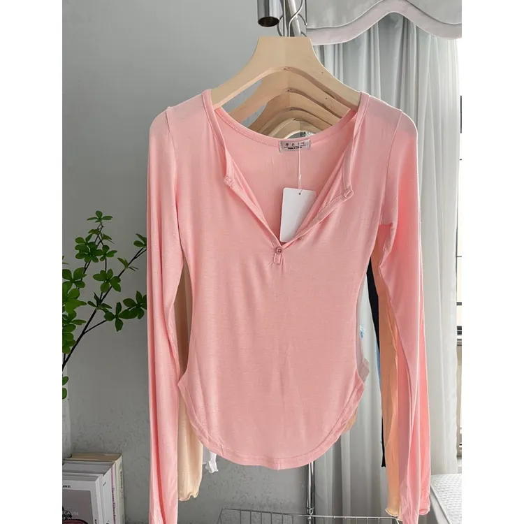 超柔软薄款面膜长袖T恤女纯欲开半领紧身打底衫内搭微透性感上衣