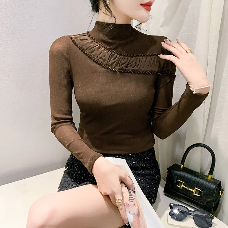 2024年春秋新款修身半高领钉珠长袖T恤女简约时尚镂空打底衫女潮 
