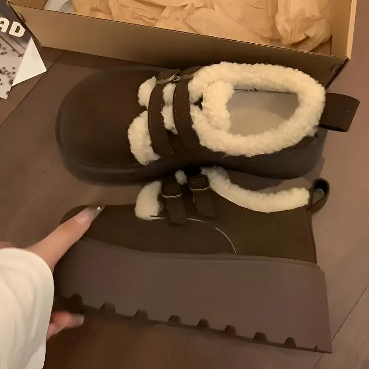 棕色英伦风加绒厚底小皮鞋女2025新款秋冬增高毛毛勃肯玛丽珍棉鞋
