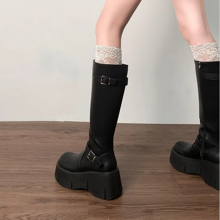 显瘦厚底黑色长靴2025新款春秋粗腿法式胖mm增高百搭靴子女长筒靴