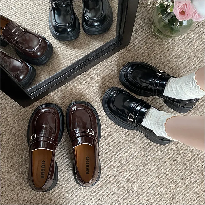 棕色复古英伦风增高厚底小皮鞋女2025春秋新款法式一脚蹬乐福单鞋