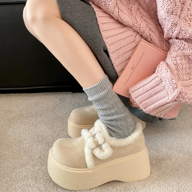 网红爆款加绒加厚增高厚底棉鞋女款2026新款春秋复古保暖毛毛鞋子