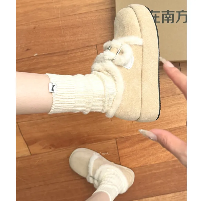 法式复古加绒加厚厚底毛毛单鞋女款2025新款冬季增高保暖勃肯棉鞋