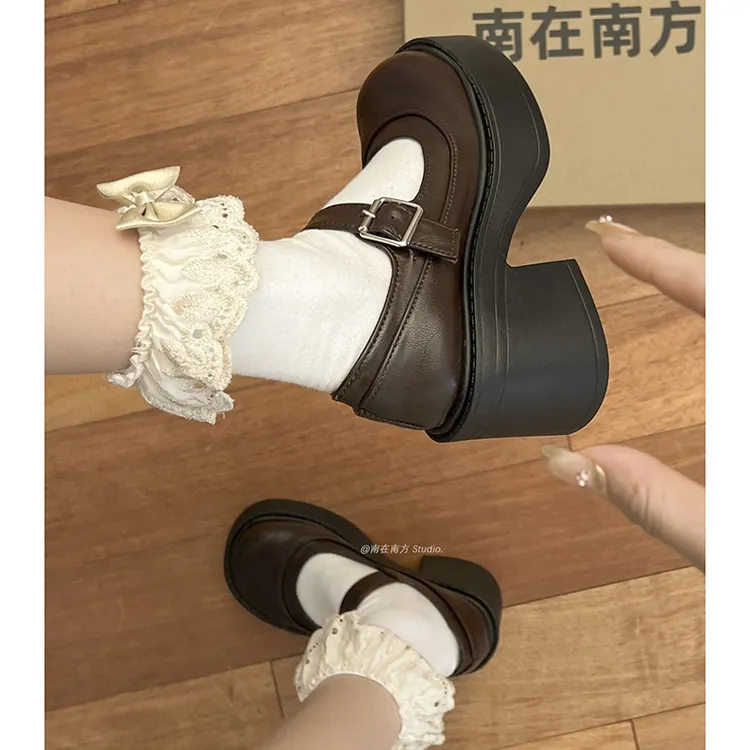 南在南方棕色复古法式厚底小皮鞋女2025新款春秋jk玛丽珍浅口单鞋