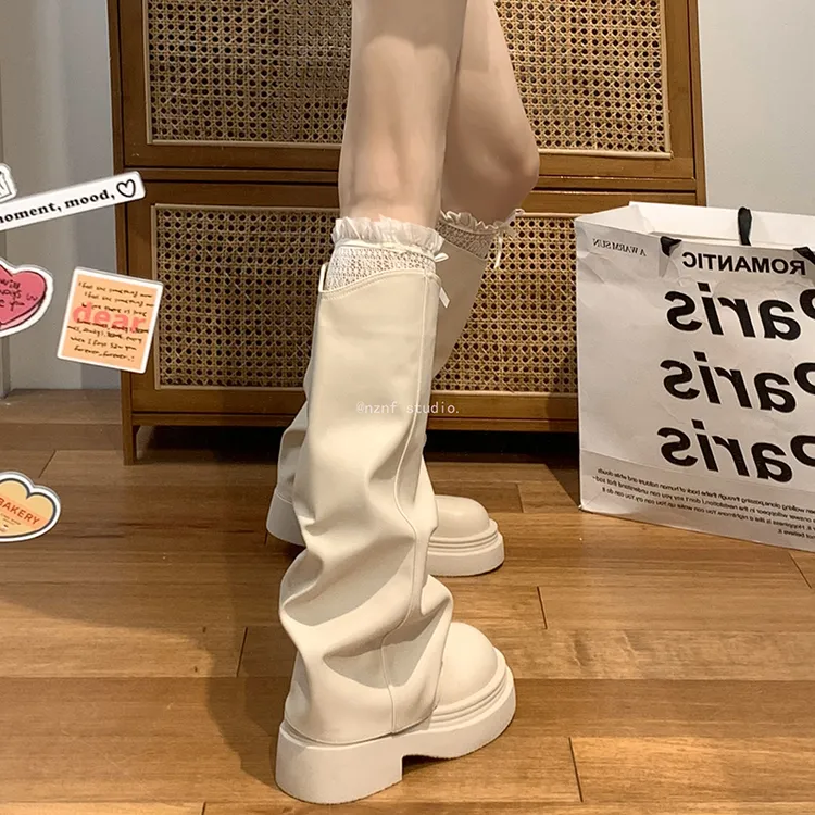 白色美式复古粗跟厚底长筒靴女2025新款春秋增高显瘦炸街裤管靴子