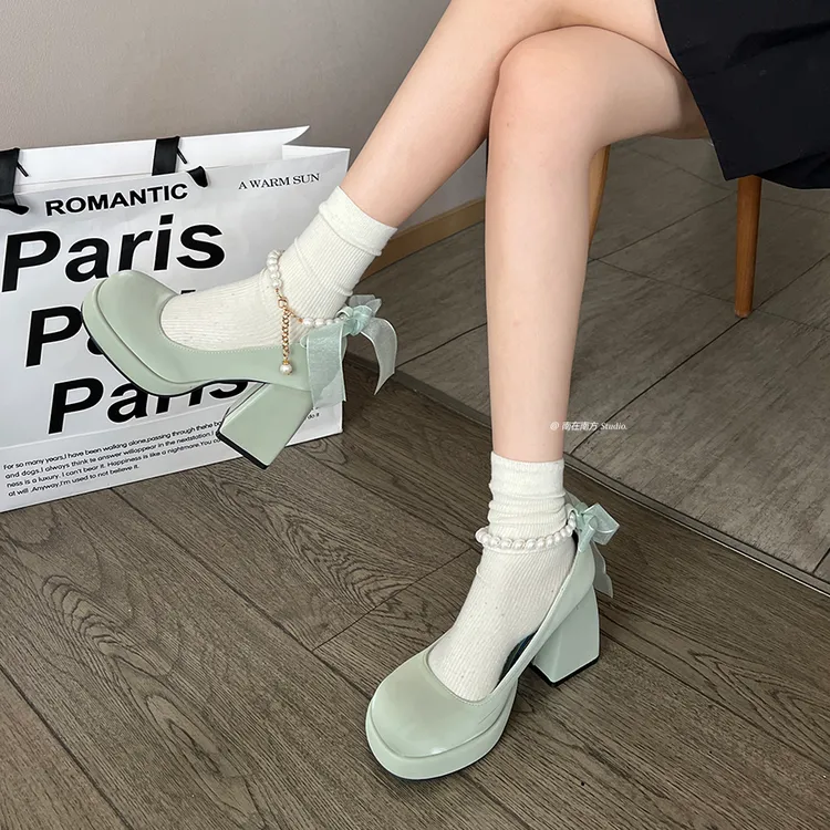 薄荷曼波 ❤【春季新品】法式粗跟高跟鞋女2024新款复古浅口玛丽珍鞋