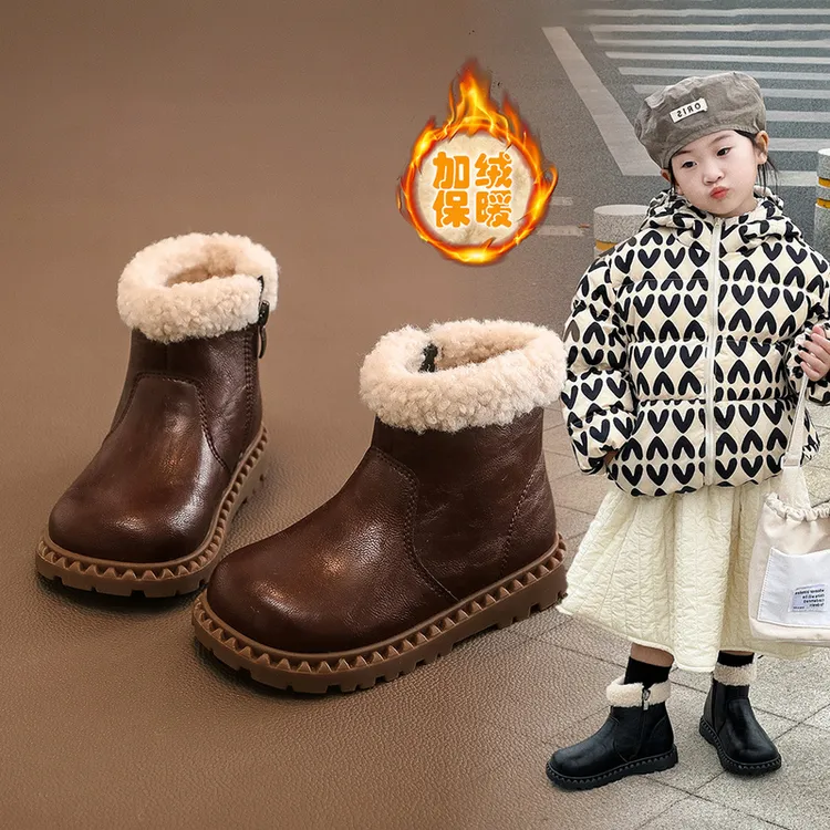 短靴女童马丁靴2024秋冬新款加绒皮靴软底二棉儿童靴子大棉雪地靴