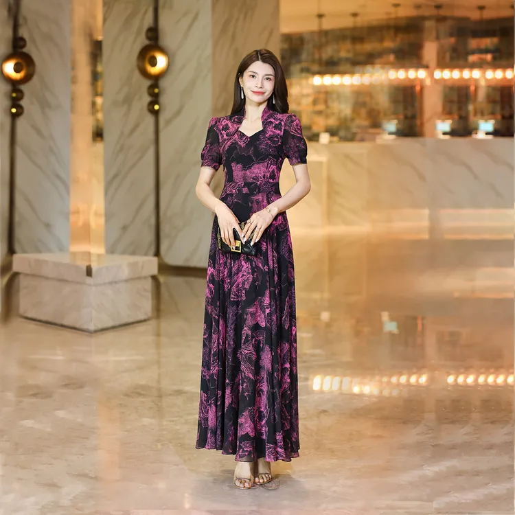 2025夏季新款修身显瘦高腰气质时尚名媛大摆中式连衣裙蕾丝2376