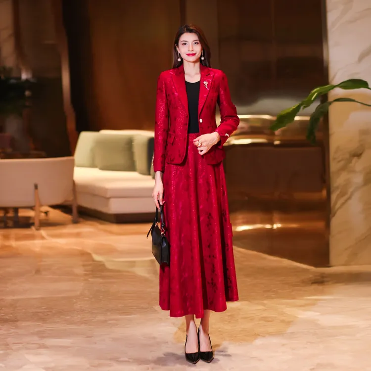 2025秋季新款小香风酒红色套装女长袖时尚喜婆婆两件套2316