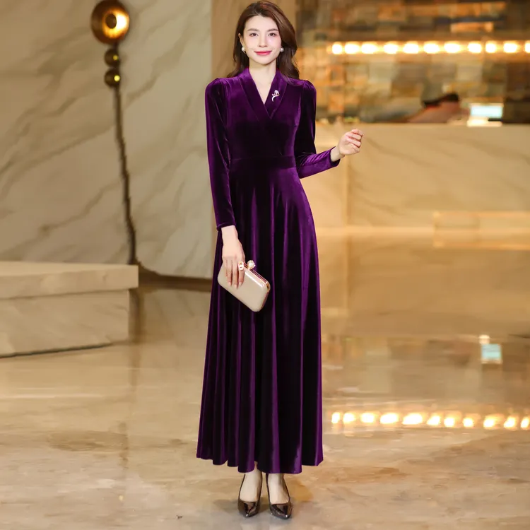 2025高雅紫金丝绒时尚收腰秋冬显瘦名媛喜婆婆连衣大摆裙2332新款