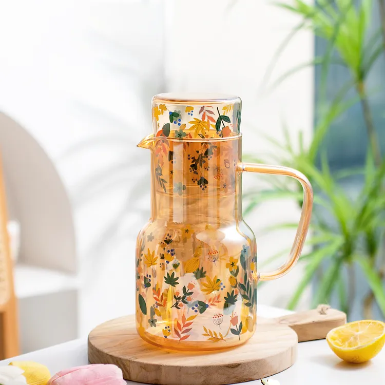 清货树叶款加盖家用大容量凉水壶耐热带盖凉水杯高硼硅玻璃水壶