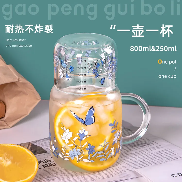 耐热大容量蝴蝶带把手玻璃杯高硼硅煮茶泡茶壶果饮杯牛奶杯