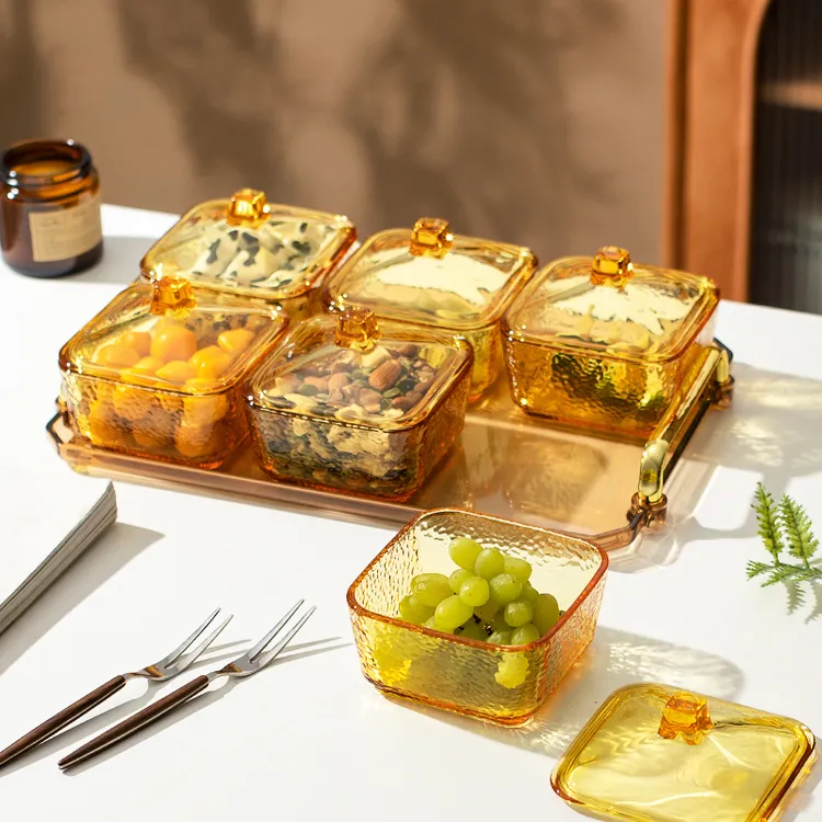 高硼硅耐热玻璃分格带盖辅食碗水果家用果盘欧式高颜值网红干果盘