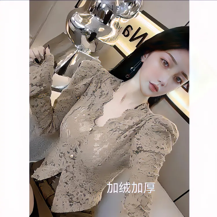 加绒加厚大女主V领长袖t恤秋季气质百搭泡泡袖蕾丝打底上衣1053