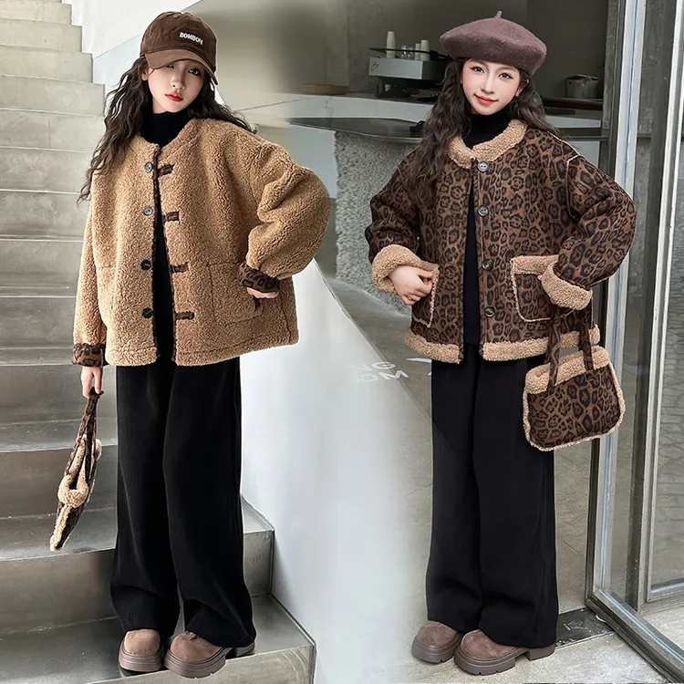 女童秋冬外套大童双面可穿豹纹毛毛衣洋气儿童雪尼尔加绒加厚裤子