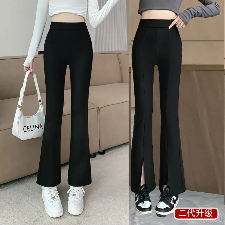 塞外楼兰【加绒】秋季时尚外穿小个子显瘦高腰黑色修身微喇叭休闲裤