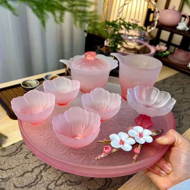 高档渐变茶具套装樱花粉盖碗整套简约功夫茶具女性创意主人杯家用