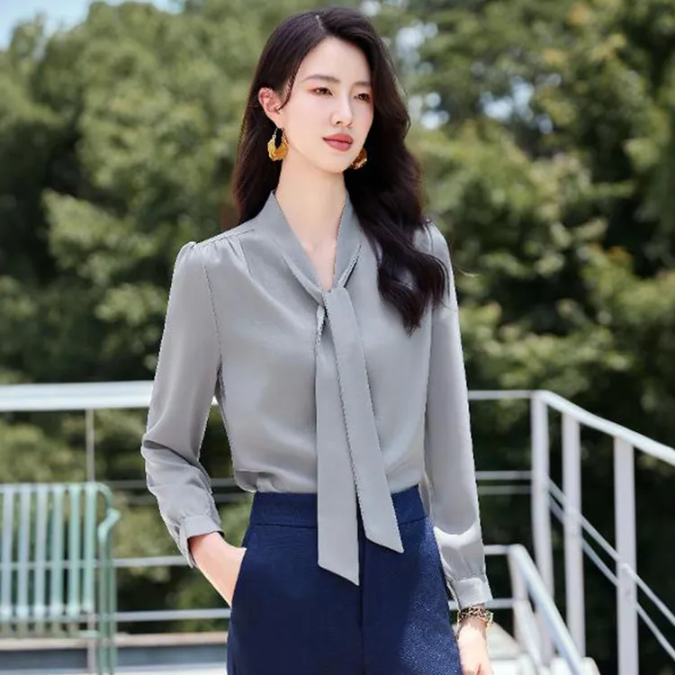 灰色衬衫女春秋轻奢高级感气质高端飘带上衣职业雪纺衬衣