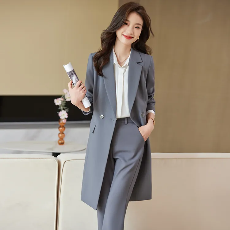 灰色中长款风衣西装外套女2025春秋新款气质休闲西服高端职业套装