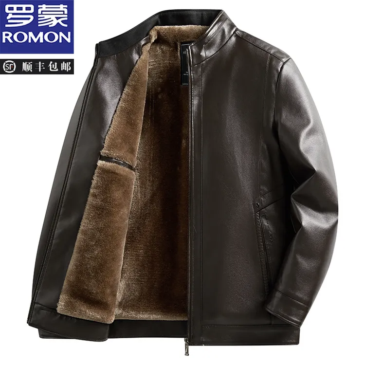 罗蒙皮衣外套男士秋冬加绒加厚款中老年爸爸装痞帅立领保暖皮夹克