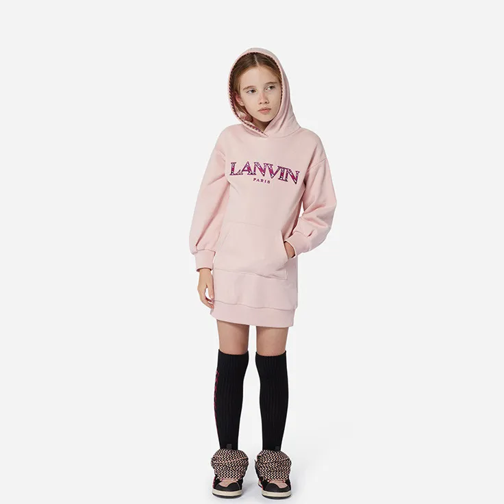 LANVIN浪凡 儿童连帽套头刺绣LOGO长版运动衫连衣裙