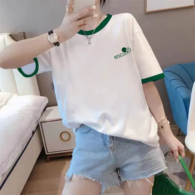 设计感纯棉短袖撞色拼接t恤女 高质量爆款 