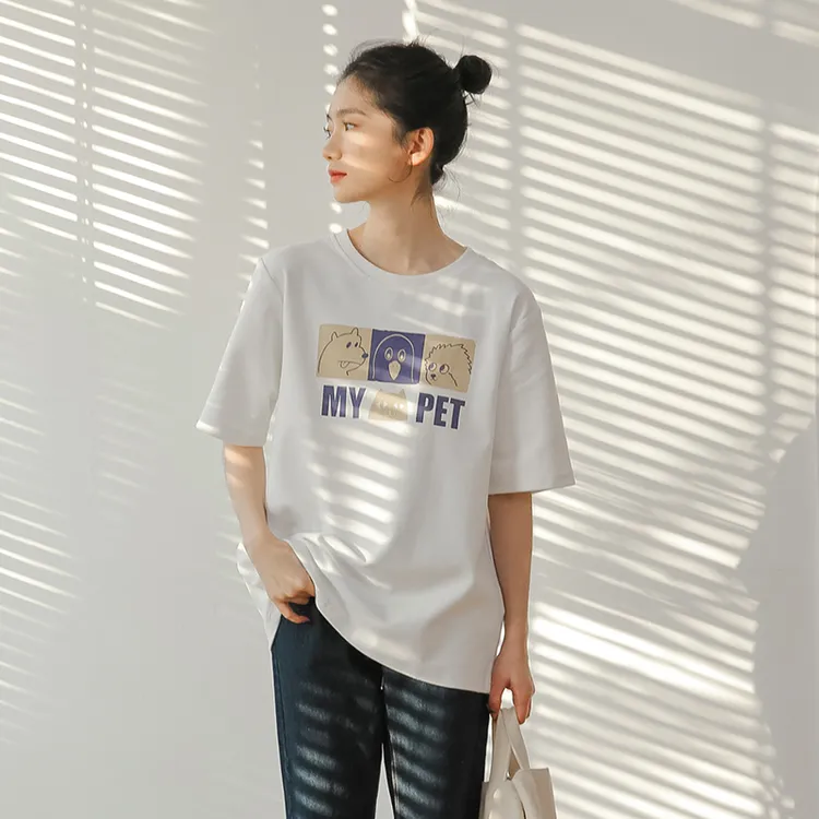 t368#夏季短袖t恤女印花宽松半袖内搭打底上衣棉