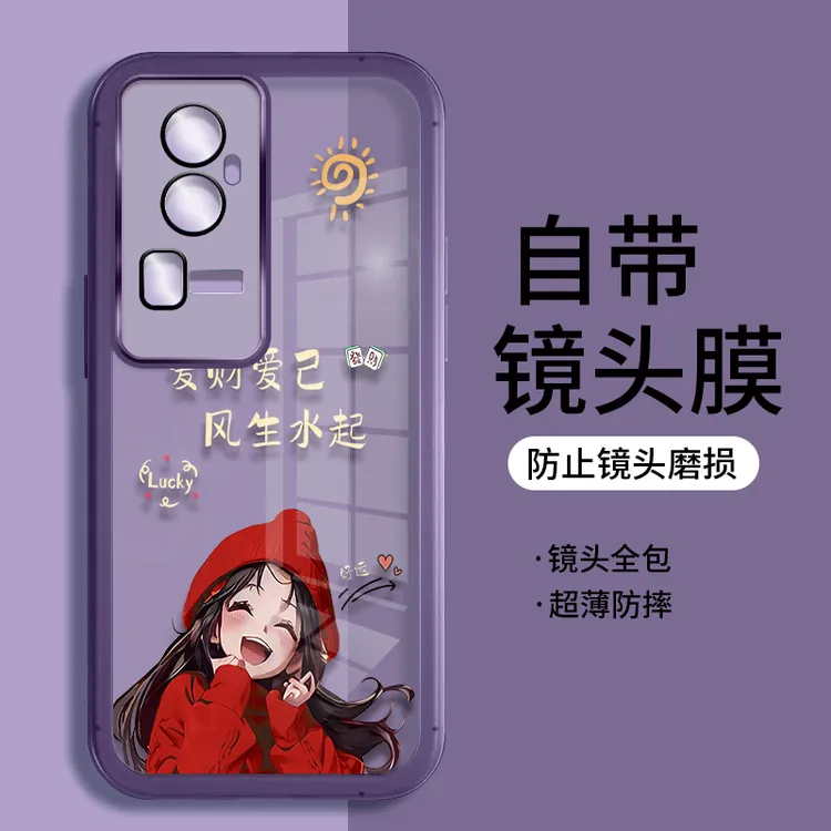 适用OPPOreno10pro+爱笑女孩手机壳新款全包透明带镜头膜保护壳潮