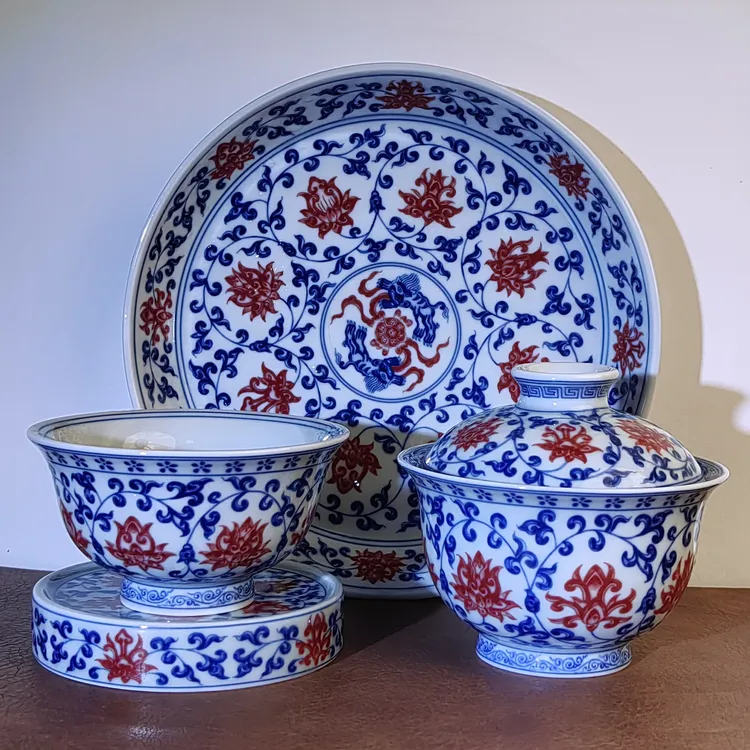 景德镇陶瓷青花釉里红点工缠枝连盖碗主人杯套组四件套釉下彩复古