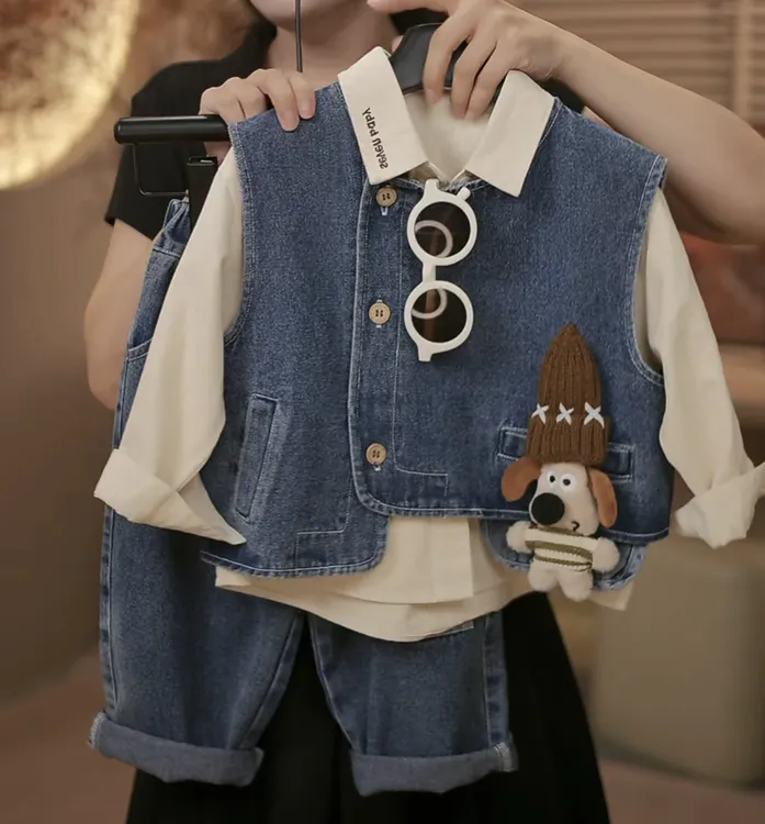 男童秋装套装2024春秋宝宝新款儿童洋气牛仔马甲三件套衣服爆款潮