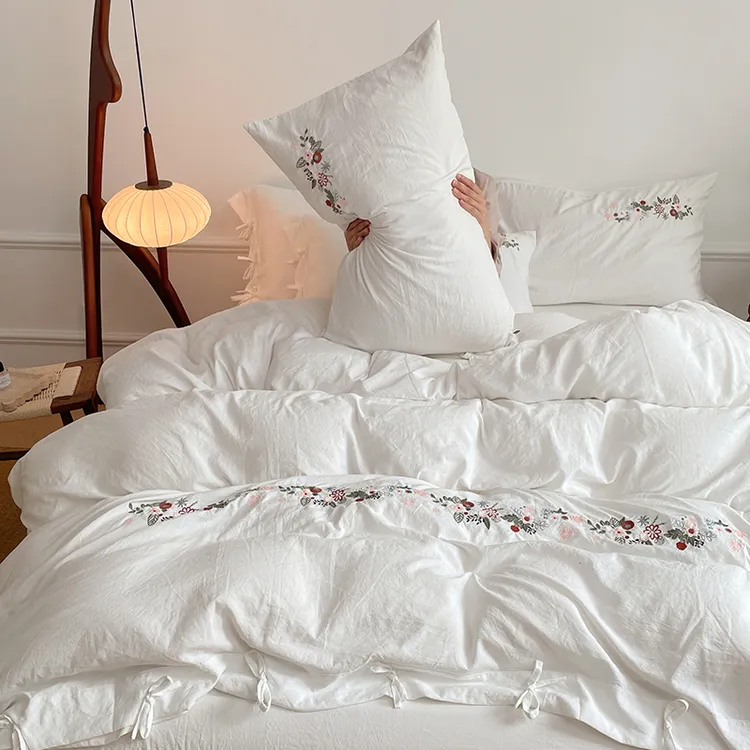 A类复古风设计师绑带水洗亲肤磨毛四件套日式简约三件套酒店民宿