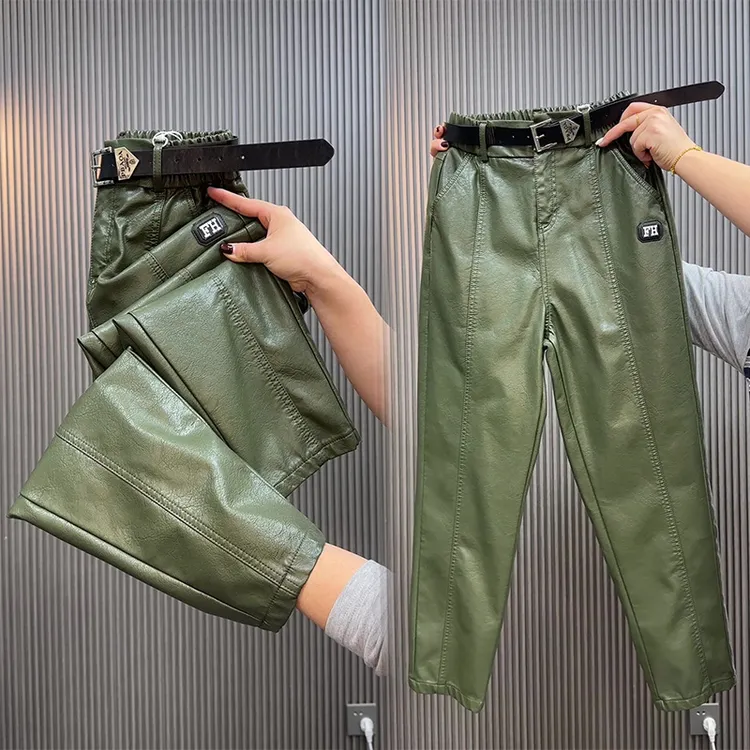 欧货百搭皮裤女秋冬新款直筒裤宽松显瘦砂洗皮高腰休闲裤哈伦裤潮
