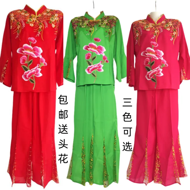 荷花  秧歌舞蹈服麻纱面料国风盘扣设计精美刺绣喜庆中老年大码