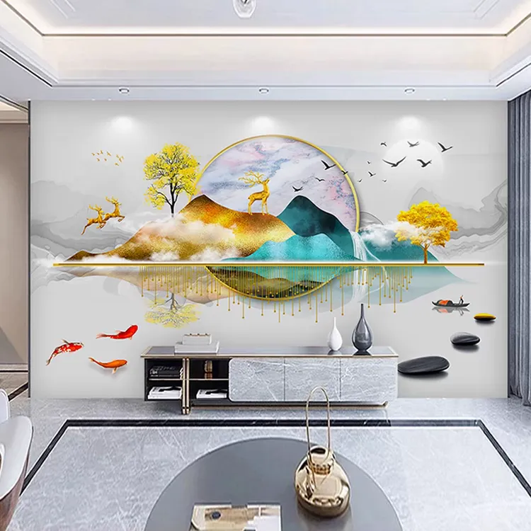 新中式客厅电视背景墙壁纸8d立体无缝墙布大气影视墙装饰壁布