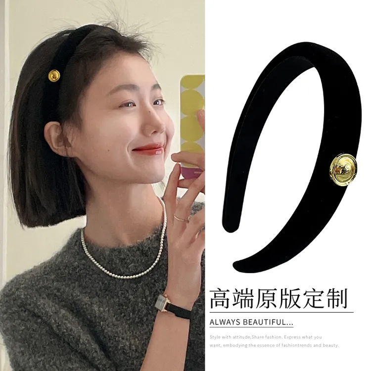 VAMER金标黑色植绒绸缎发箍外出百搭氛围感ins简约小众发卡头箍