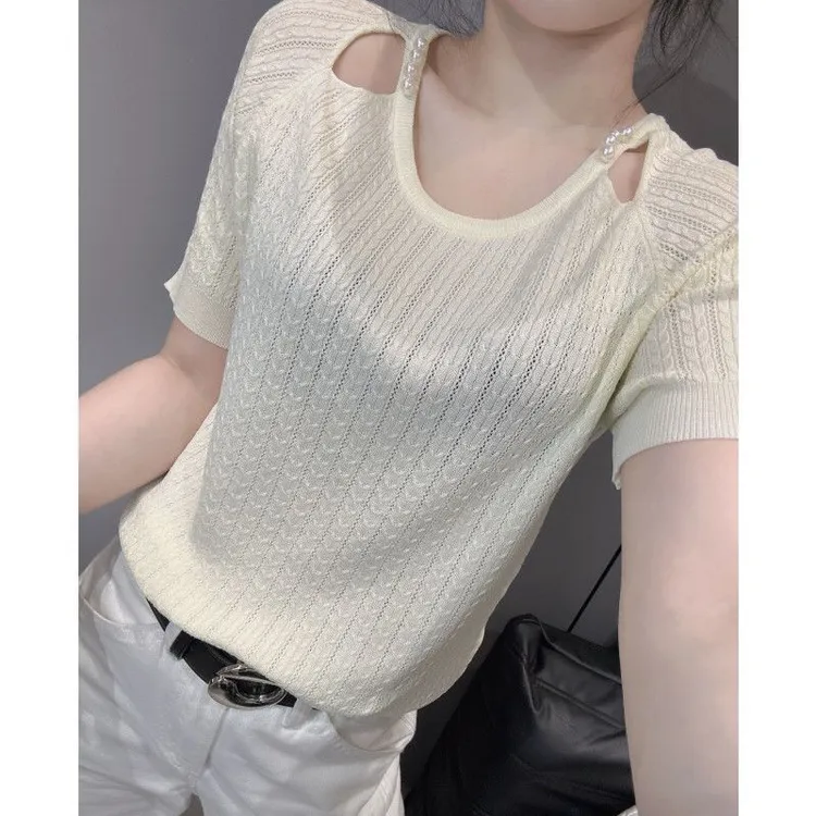 性感露锁骨冰丝针织衫短袖女夏新款设计感气质宽松显瘦遮肚子上衣