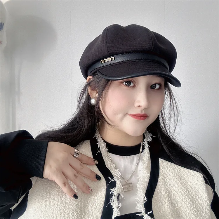 高级感！黑色八角帽女秋冬大头围显脸小云朵贝雷帽休闲复古画家帽