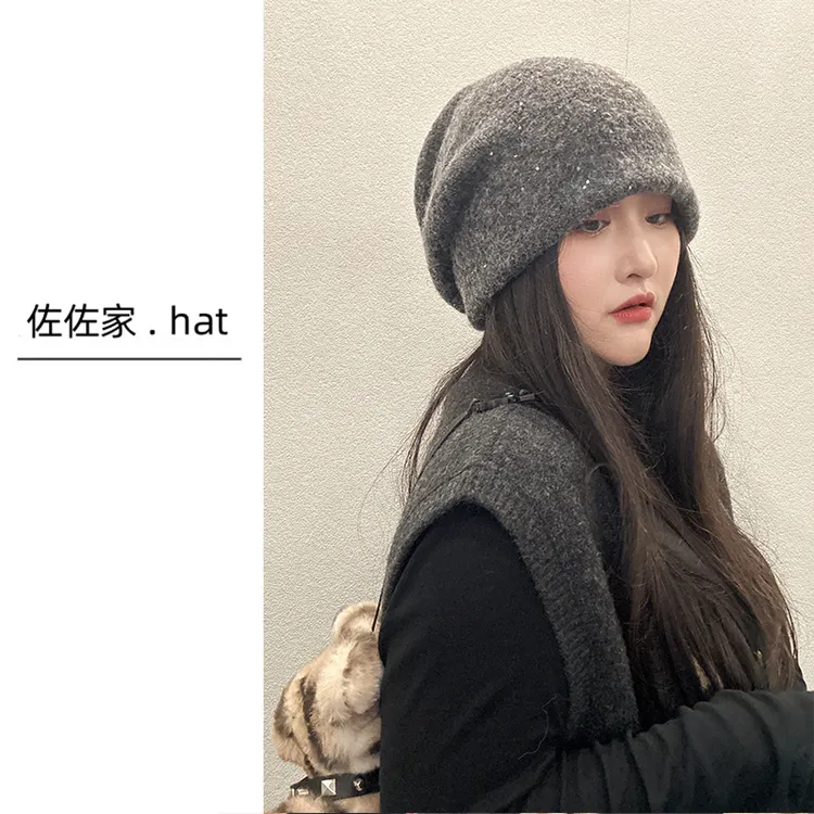 羊毛混纺针织帽女大头围堆堆帽双层加厚保暖冷帽黑色亮片毛线帽