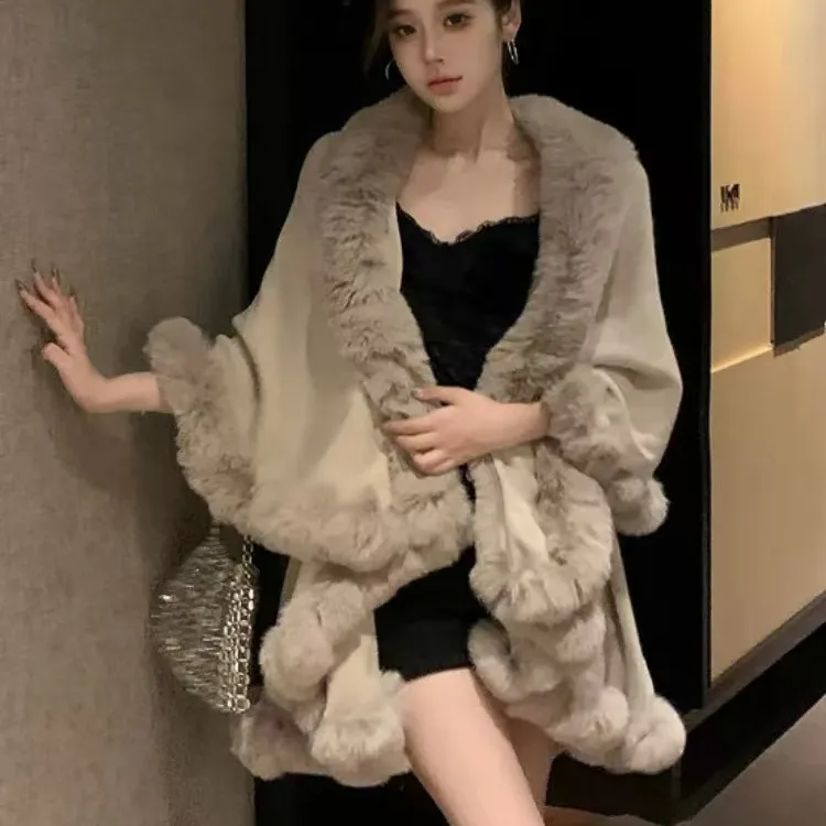 网红外穿洋气双层毛毛针织披肩配裙子秋冬慵懒风斗篷披风女复古