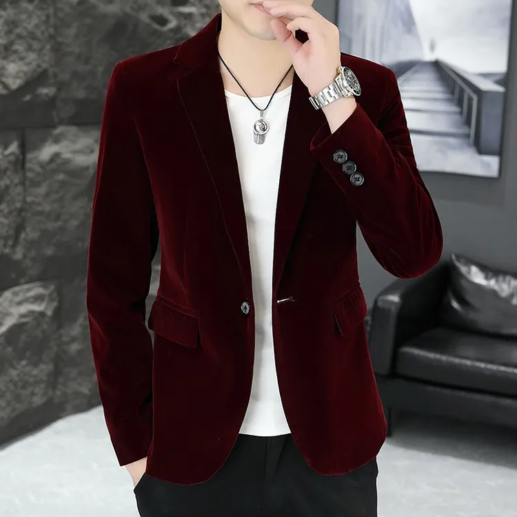 2024春秋季男士潮流帅气修身小西服男装时尚酒红色平绒西装外套